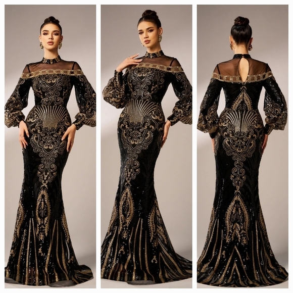 Black Embellished Backless Gown with Bishop Sleeves - Picture 1 of 13